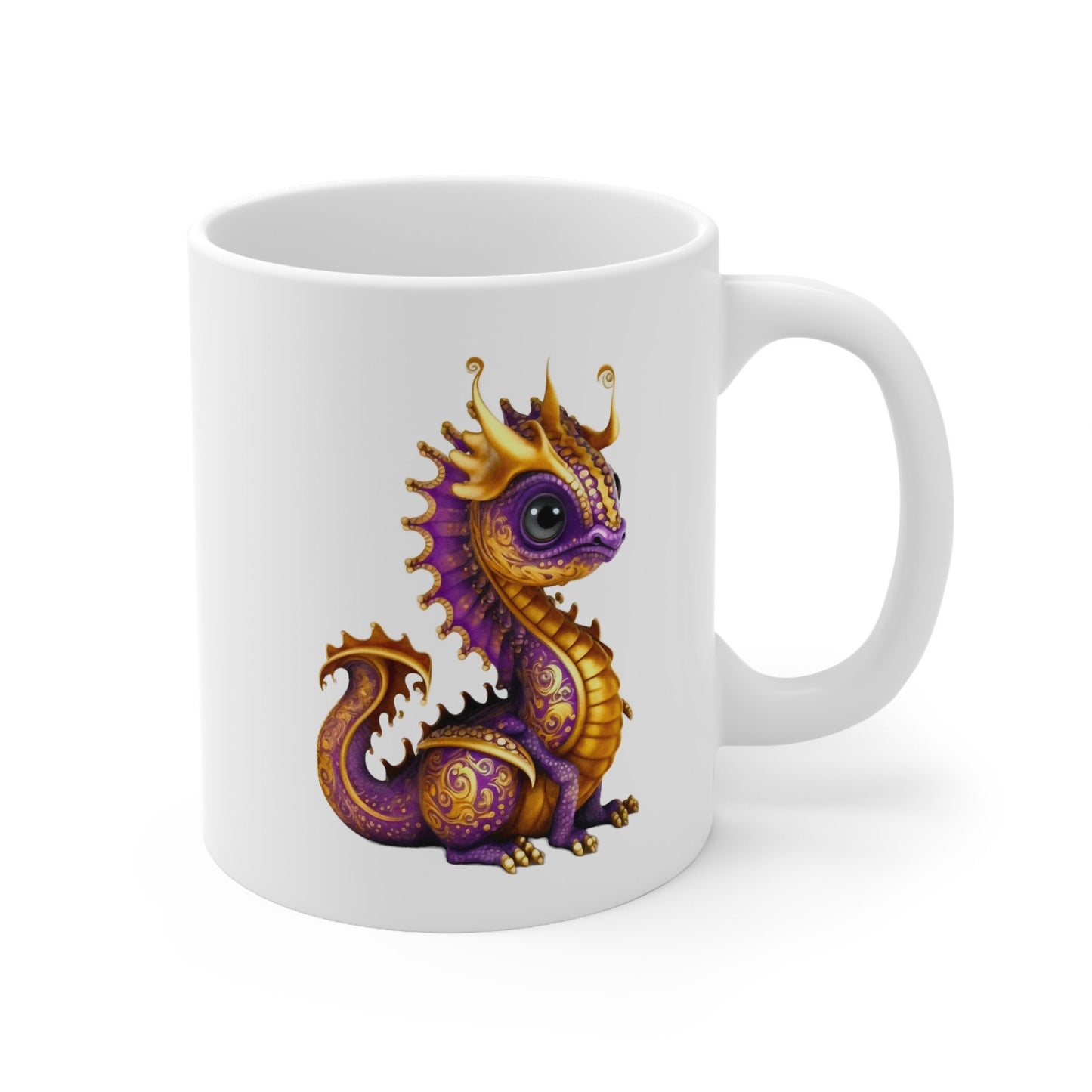 Purple Gold Adorable Baby Dragon Coffee Mug, Heart of a Dragon Mug, White Ceramic Mug for Dragon Lovers, Gift Mug for your Dragon Spirit