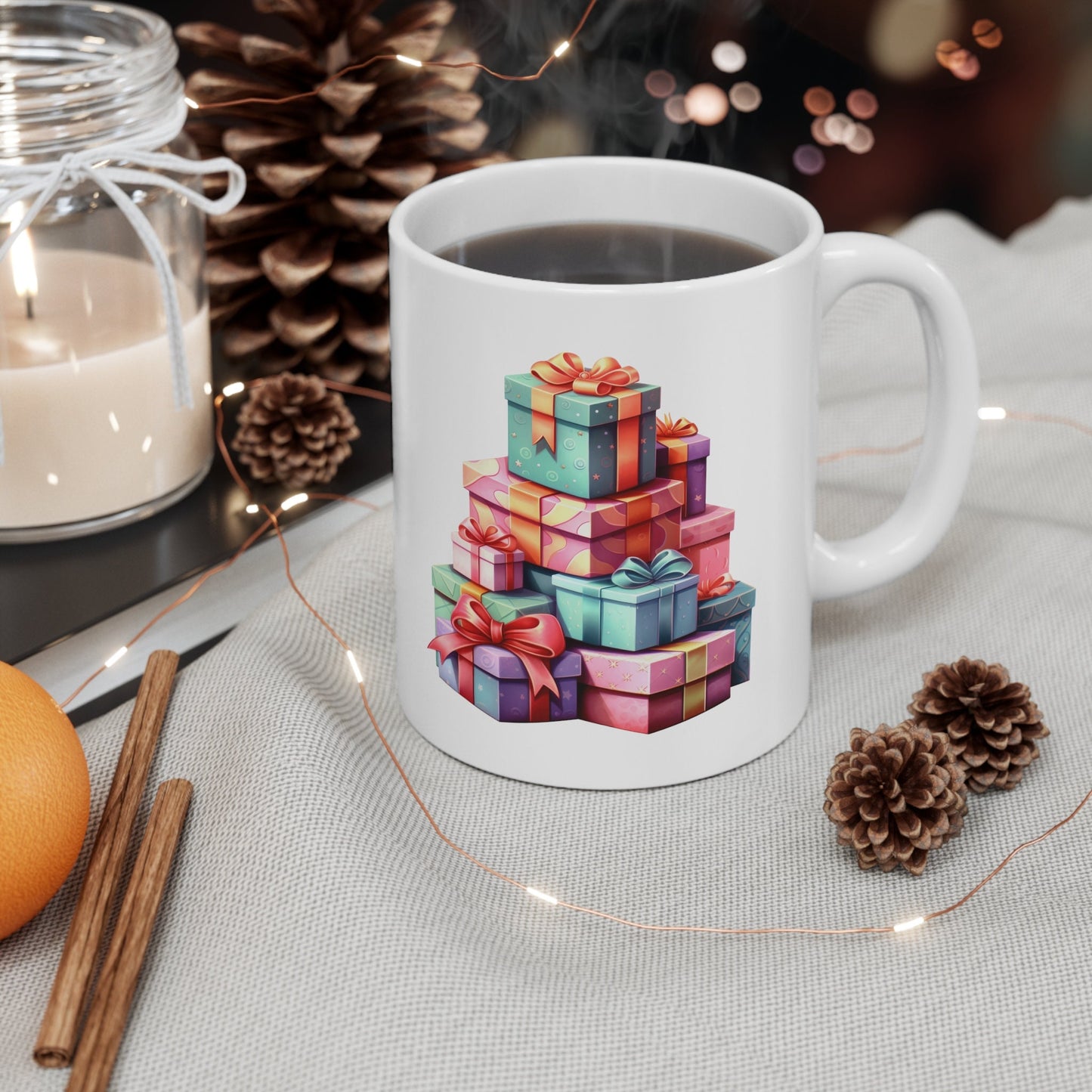 Tower of Presents Christmas Mug, Perfect Holiday Cheer Coffee Mug, Gift Mug for Christmas Spirit, Cute Christmas mugs for Family and friends
