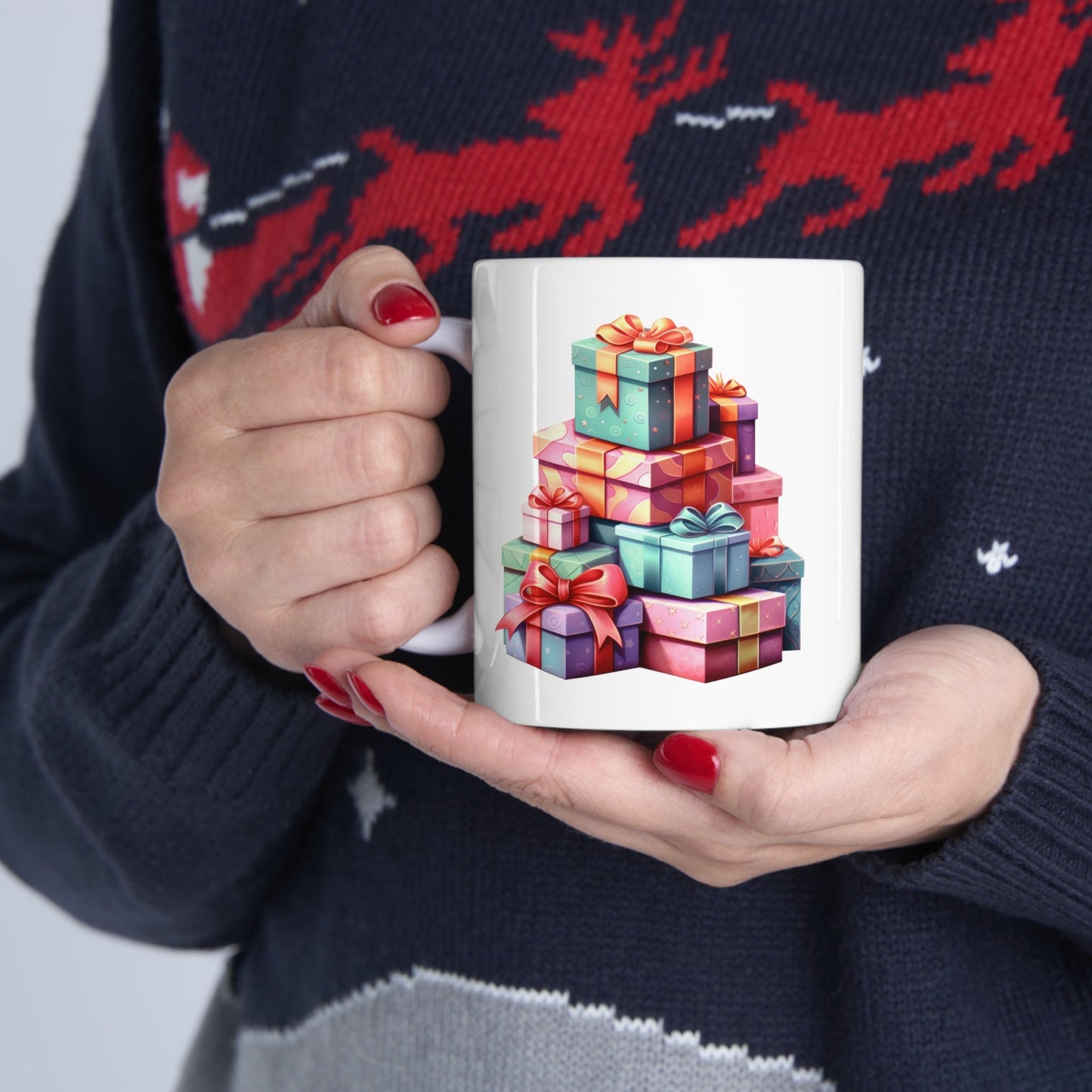 Tower of Presents Christmas Mug, Perfect Holiday Cheer Coffee Mug, Gift Mug for Christmas Spirit, Cute Christmas mugs for Family and friends