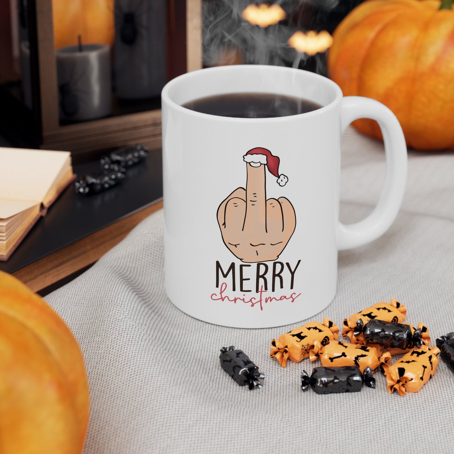 Middle Finger Merry Christmas Mug, Perfect Holiday Cheer Coffee Mug, Gift Mug for Christmas Spirit, Cute X-Mas mug for Family and friends