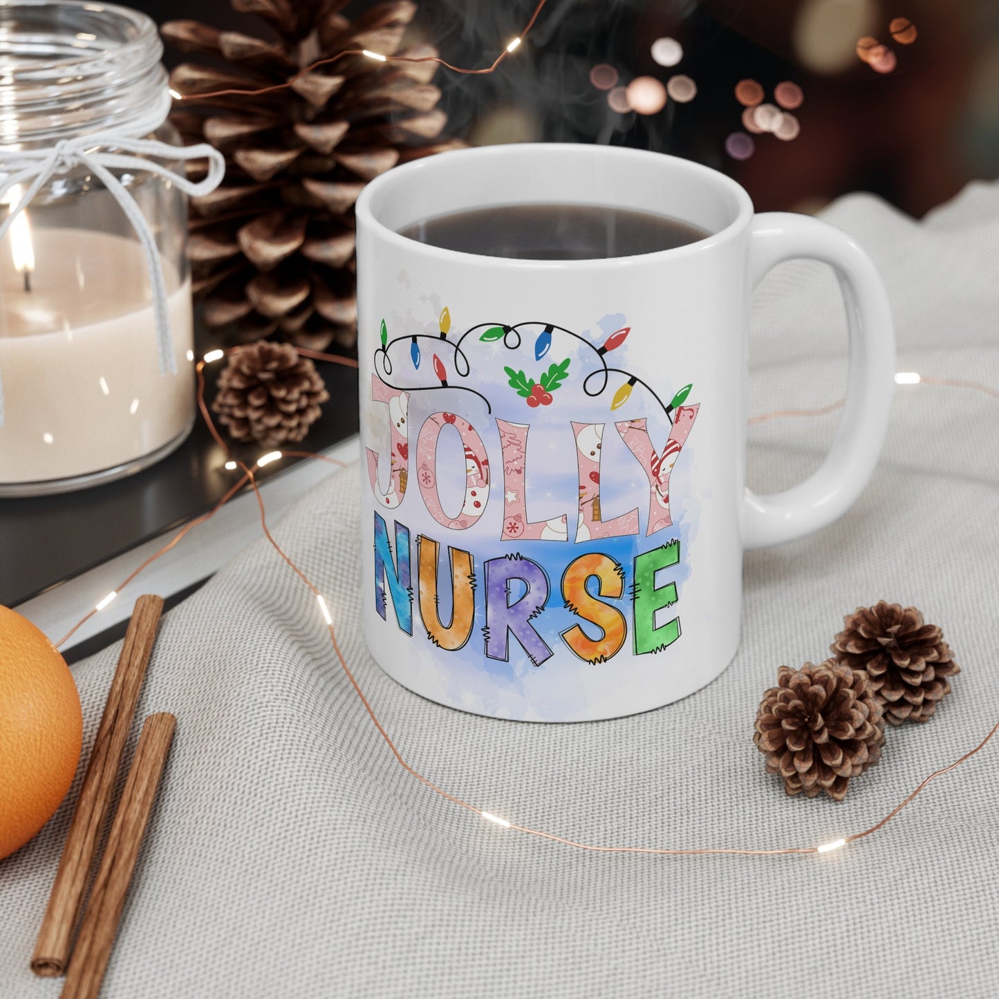 Jolly Nurse Christmas Mug, Perfect Holiday Cheer Coffee Mug, Gift Mug for Christmas Spirit, Cute X-Mas mug for Family and friends