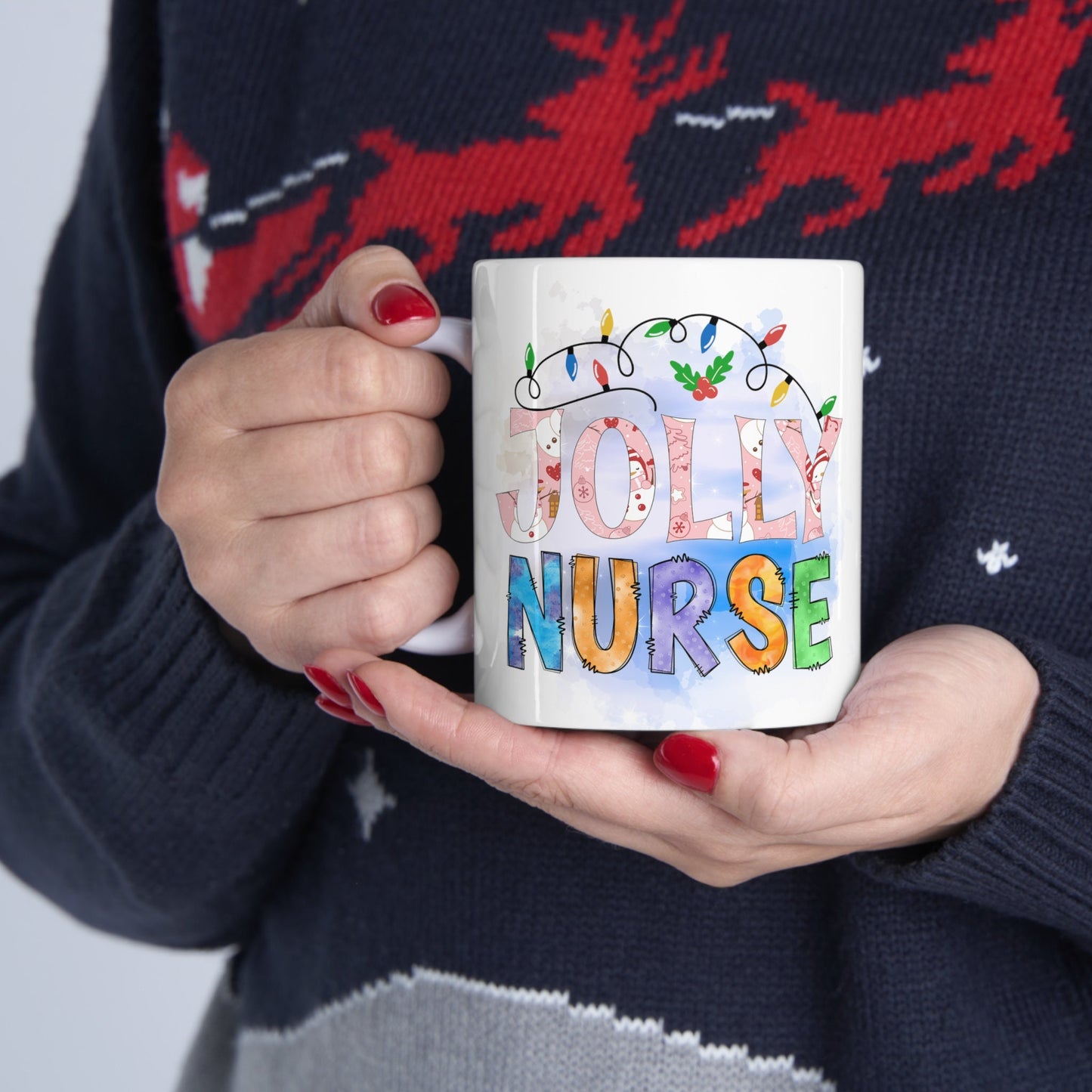 Jolly Nurse Christmas Mug, Perfect Holiday Cheer Coffee Mug, Gift Mug for Christmas Spirit, Cute X-Mas mug for Family and friends