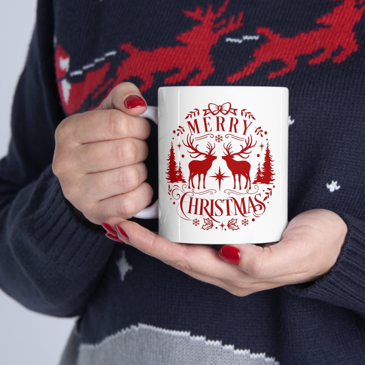 Merry Christmas Deer Christmas Mug, Perfect Holiday Cheer Coffee Mug, Gift Mug for Christmas Spirit, Cute X-Mas mug for Family and friends