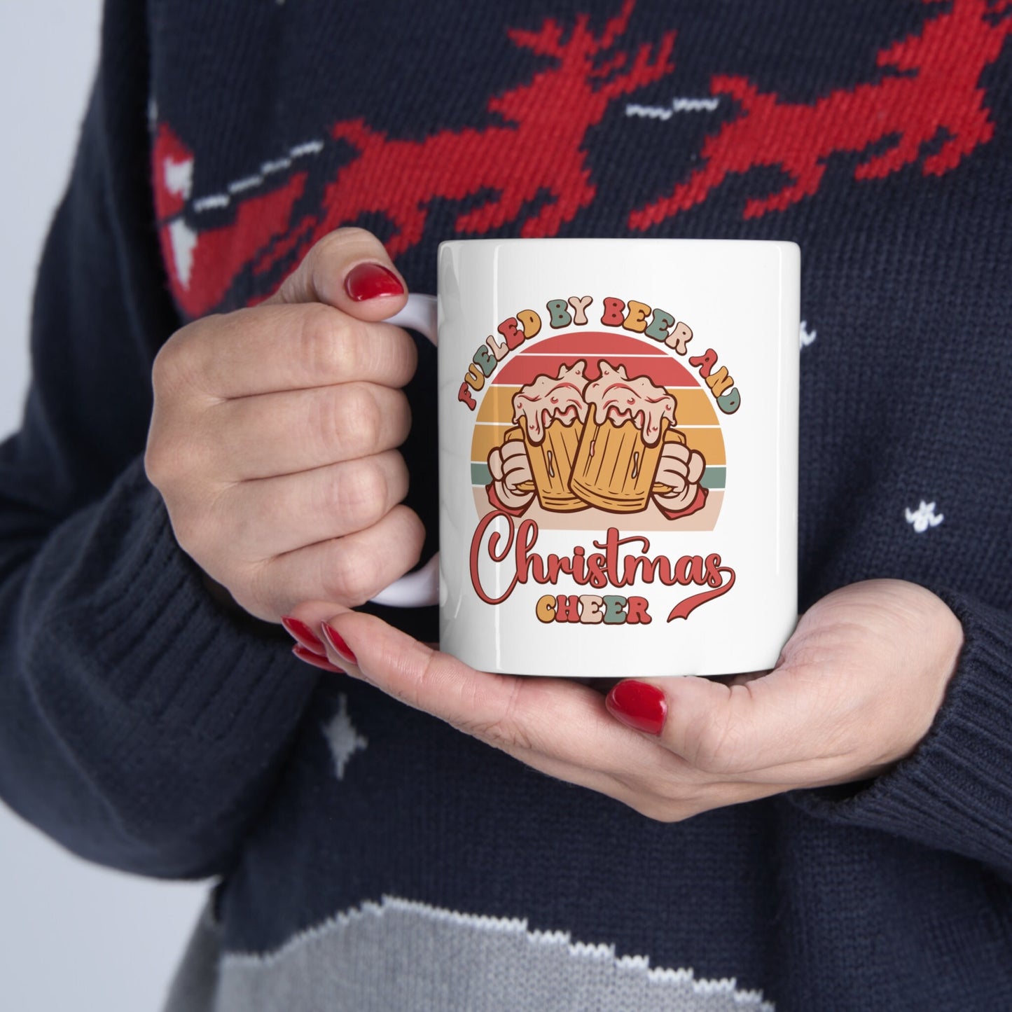 Fueled by Beer Christmas Mug, Perfect Holiday Cheer Coffee Mug, Gift Mug for Christmas Spirit, Cute X-Mas mug for Family and friends