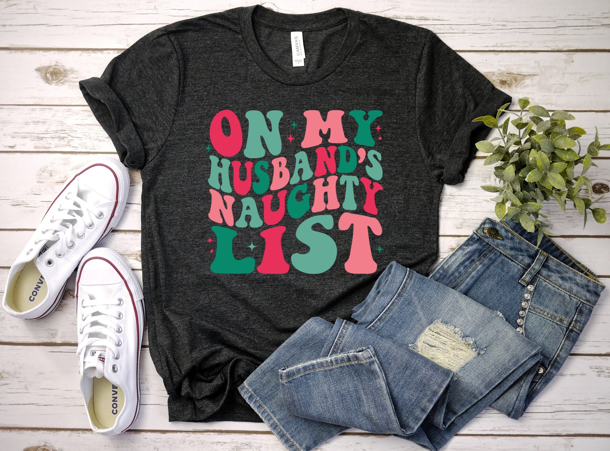 The On My Husbands Naughty List Christmas Shirt Makes the Perfect Gift for Friends, Family, Coworkers or yourself.  Check Out My Shop for even more Great Designs. www.scorpiontees.etsy.com