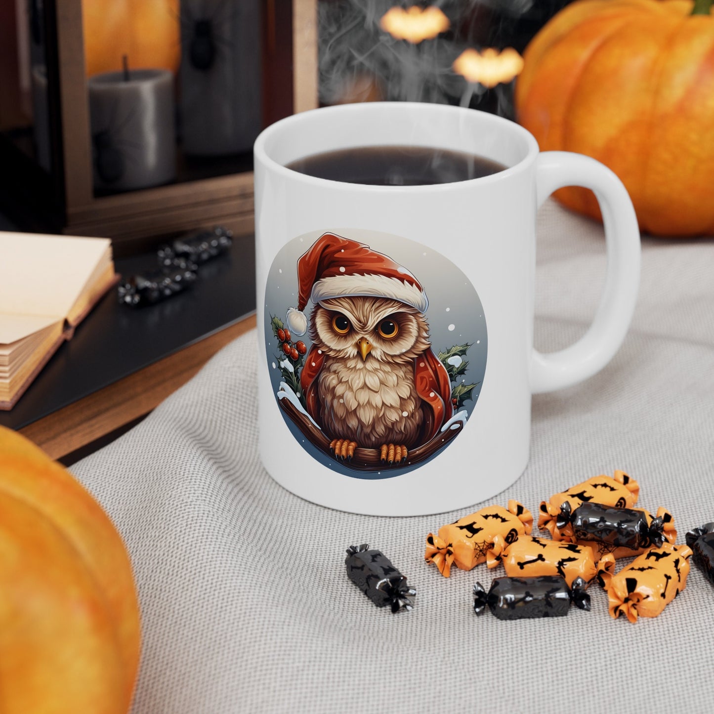 Santa Claus Hat Owl Christmas Mug, Perfect Holiday Cheer Coffee Mug, Gift Mug for Christmas Spirit, Cute X-Mas mug for Family and friends