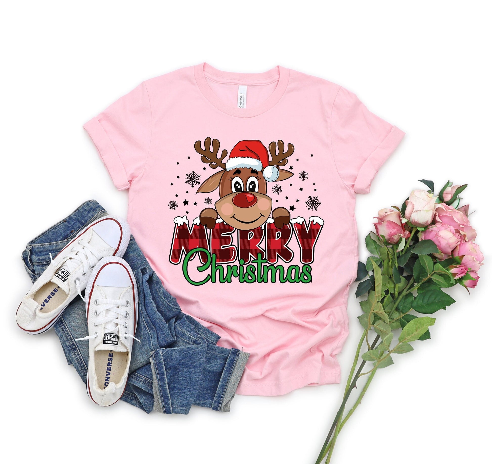 Merry Christmas Reindeer with pink hat and pink plaid word Merry Christmas Shirt Makes the Perfect Gift for Friends, Family, Coworkers or yourself.  Check Out My Shop for even more Great Designs.
www.scorpiontees.etsy.com