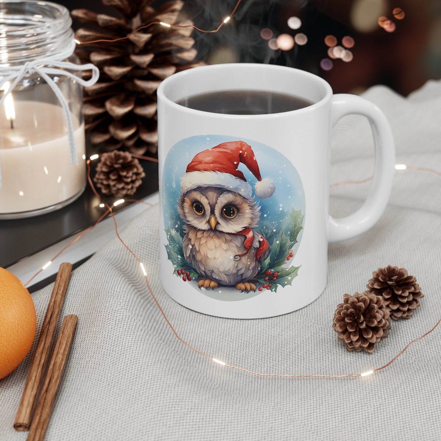 Santa Hat Owl Christmas Mug, Perfect Holiday Cheer Coffee Mug, Gift Mug for Christmas Spirit, Cute X-Mas mug for Family and friends