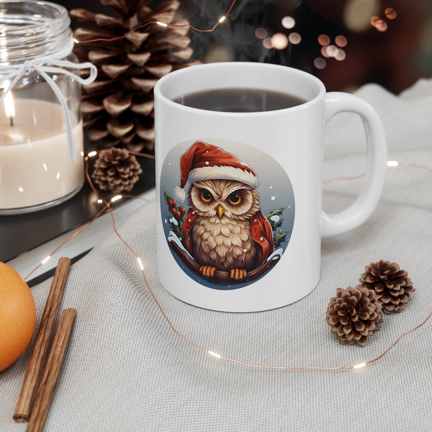 Santa Claus Hat Owl Christmas Mug, Perfect Holiday Cheer Coffee Mug, Gift Mug for Christmas Spirit, Cute X-Mas mug for Family and friends