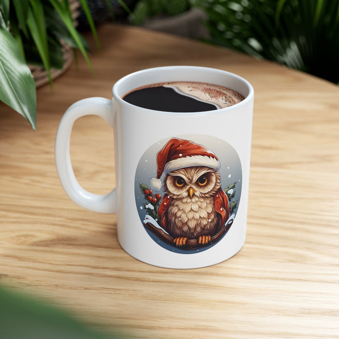 Santa Claus Hat Owl Christmas Mug, Perfect Holiday Cheer Coffee Mug, Gift Mug for Christmas Spirit, Cute X-Mas mug for Family and friends