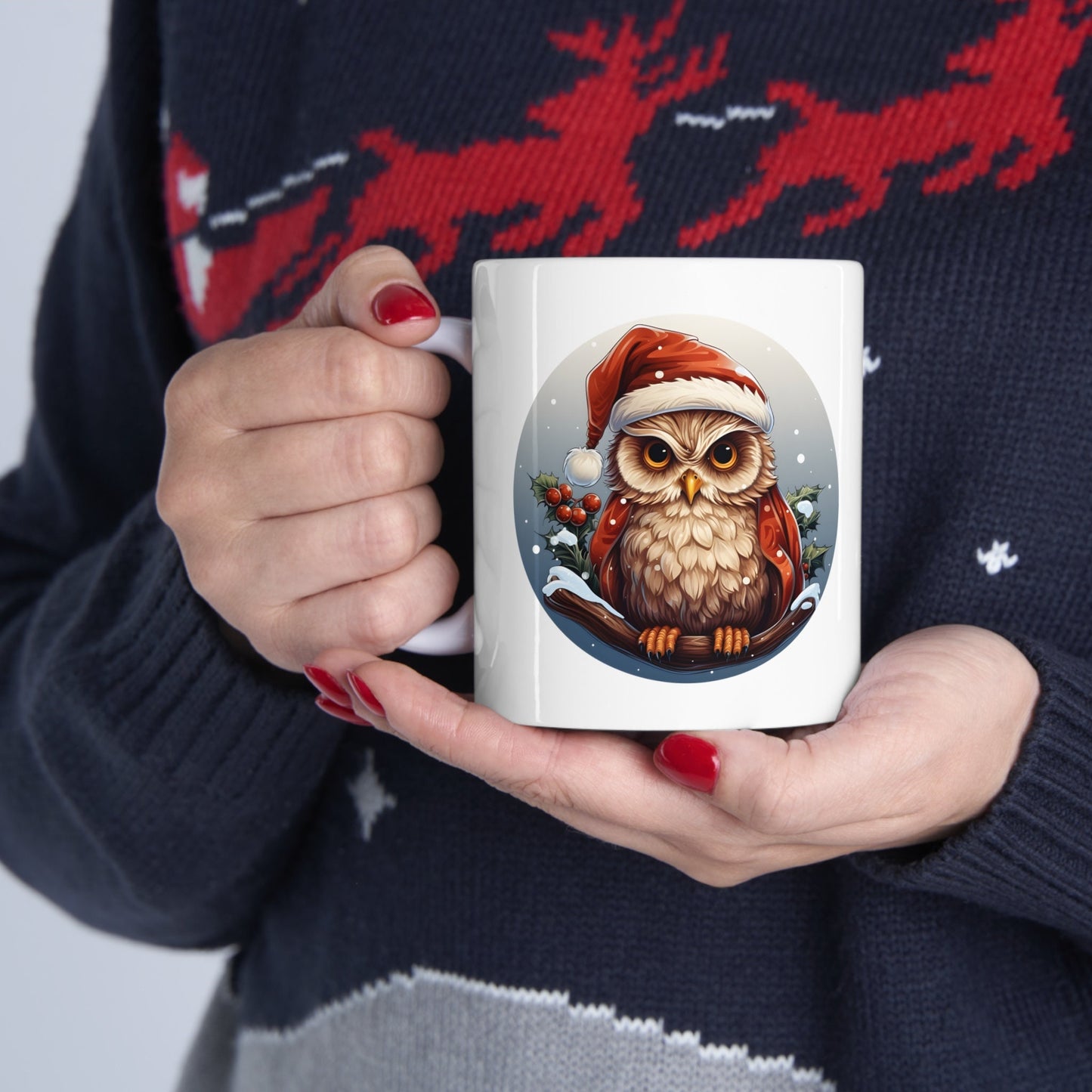 Santa Claus Hat Owl Christmas Mug, Perfect Holiday Cheer Coffee Mug, Gift Mug for Christmas Spirit, Cute X-Mas mug for Family and friends