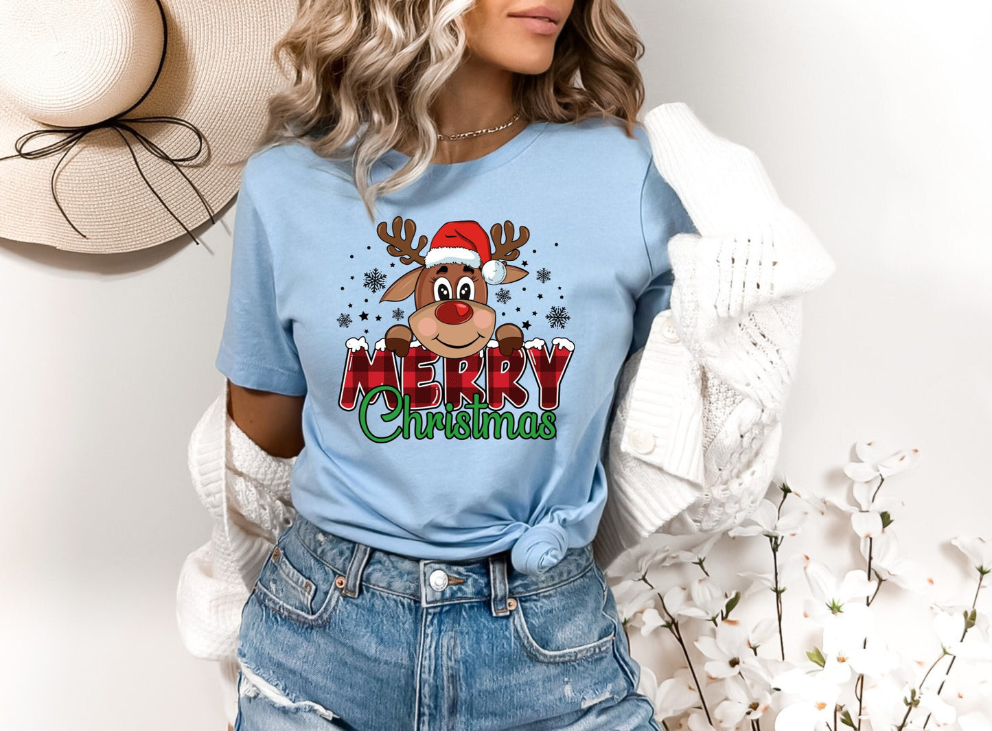 Merry Christmas Reindeer with pink hat and pink plaid word Merry Christmas Shirt Makes the Perfect Gift for Friends, Family, Coworkers or yourself.  Check Out My Shop for even more Great Designs.
www.scorpiontees.etsy.com
